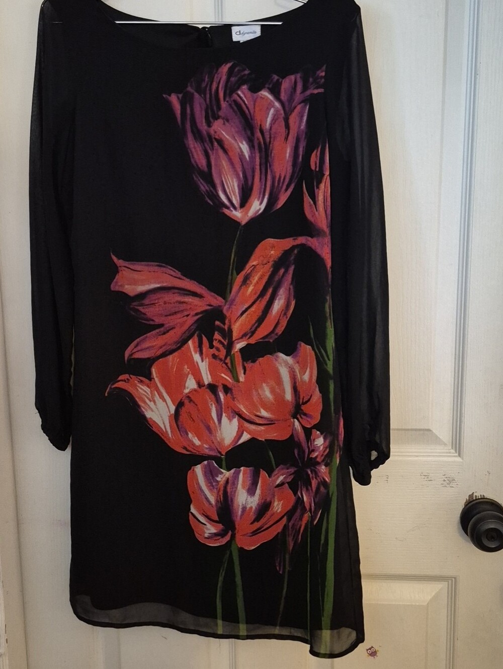 Dynamite Black Long-Sleeve Shift Dress with Pink and Red Floral Print